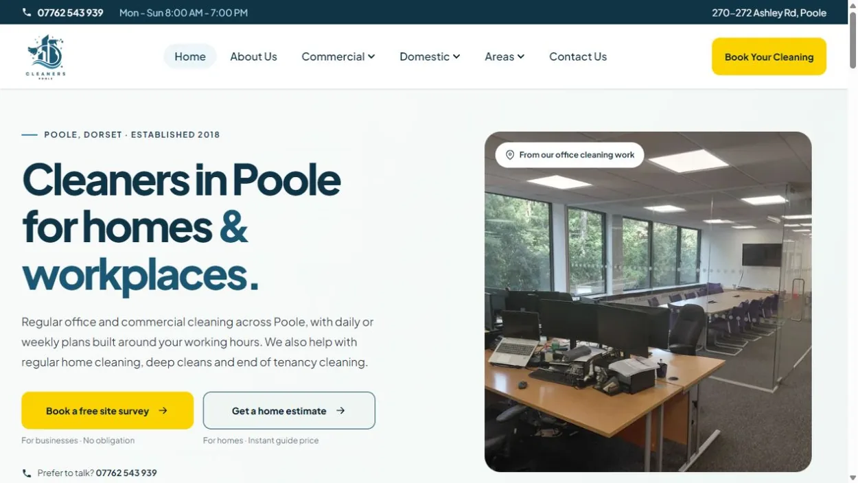 Cleaners Poole homepage showing office photography and separate links for a business site survey and a home cleaning estimate