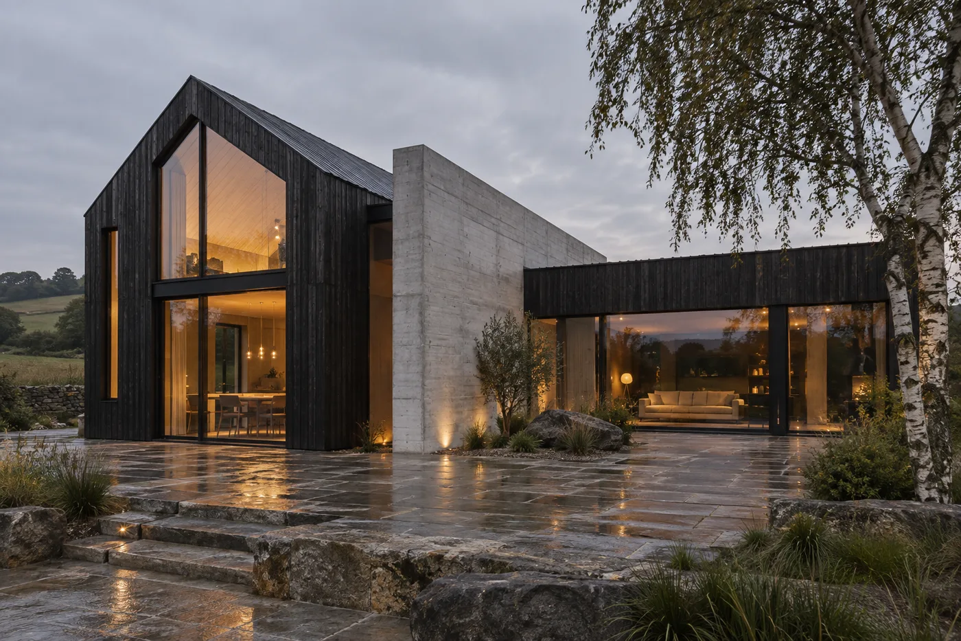 Timber and concrete home featured in the illustrative Form / Field architecture website