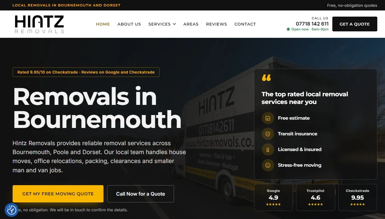 Hintz Removals homepage with a Bournemouth removals headline and moving quote button
