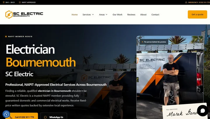 SC Electric Bournemouth homepage showing the electrician, branded van and electrical services