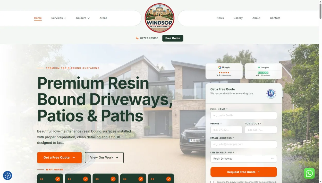 Windsor Resin Driveways homepage with green typography, driveway imagery and a quote enquiry form